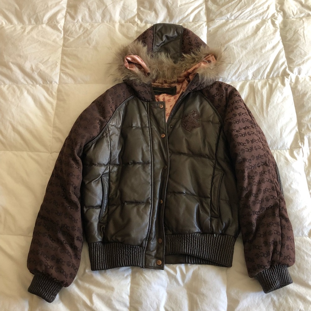 Rocawear leather and down feather hooded jacket